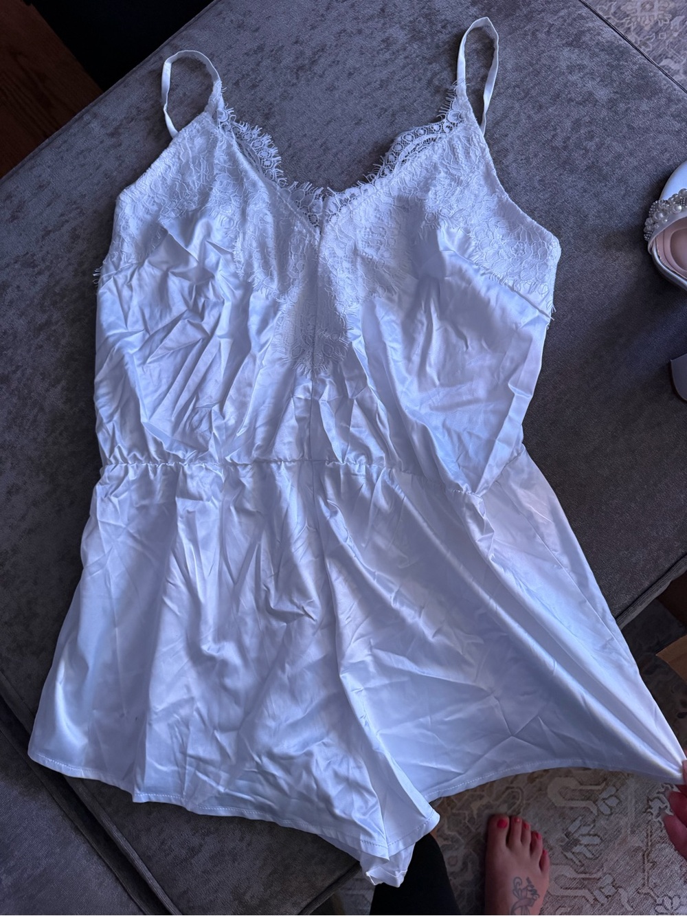 Lulu's White Lace-Trim Satin Romper